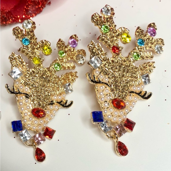 Source Unknown Jewelry - Reindeer Earrings Gold Crystals Stud Post Rudolph New